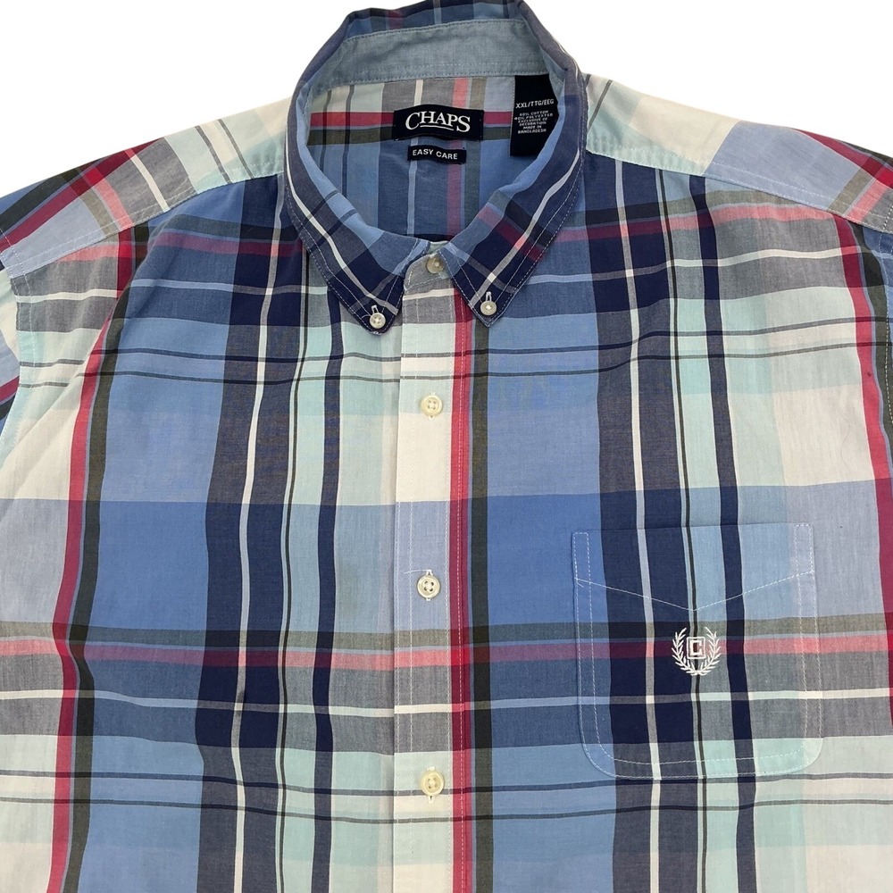 Chaps Button Down Shirt Mens XXL Blue Pink Plaid Short Sleeve Easy Care Preppy